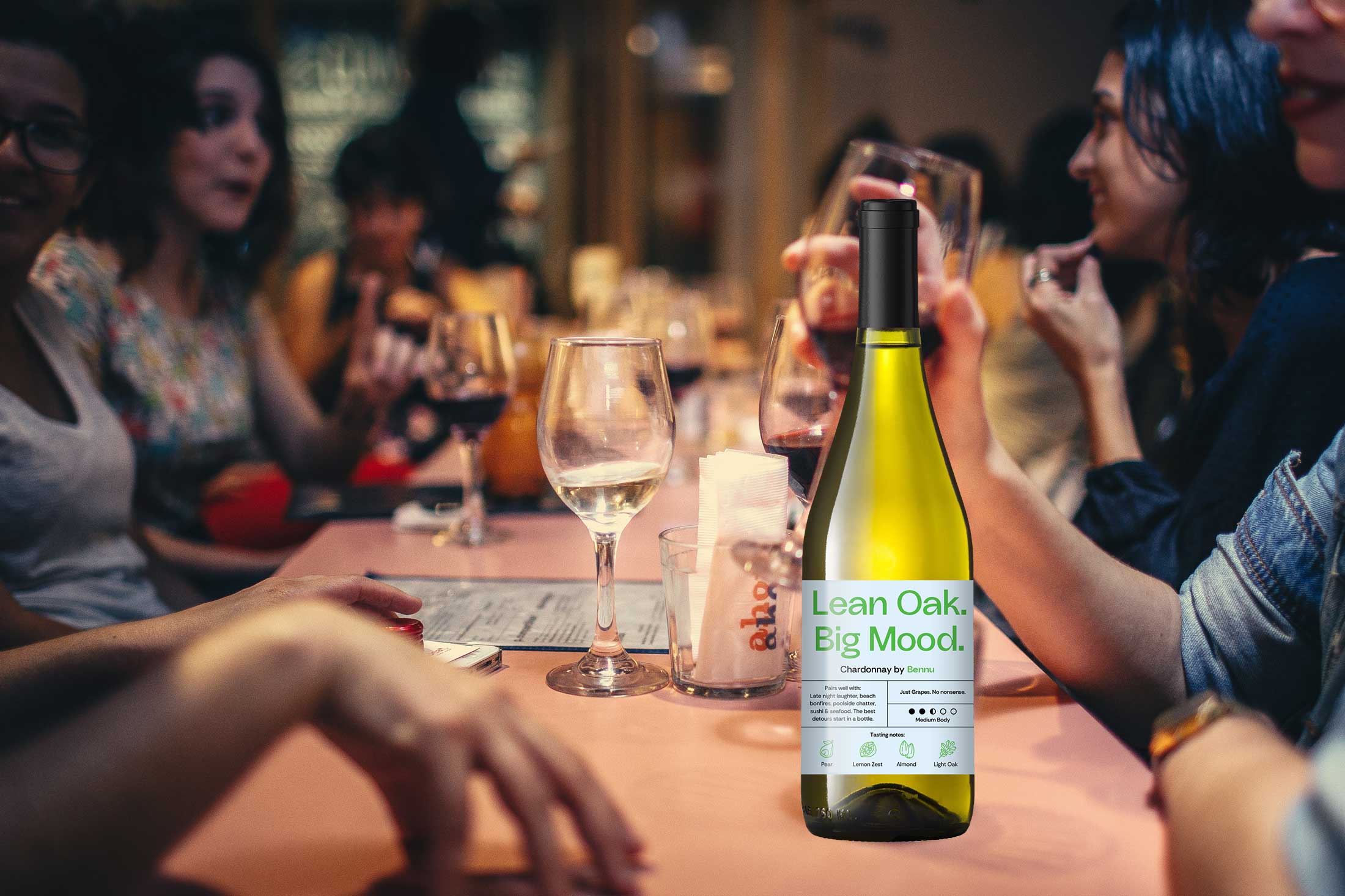 Bennu Chardonnay on table