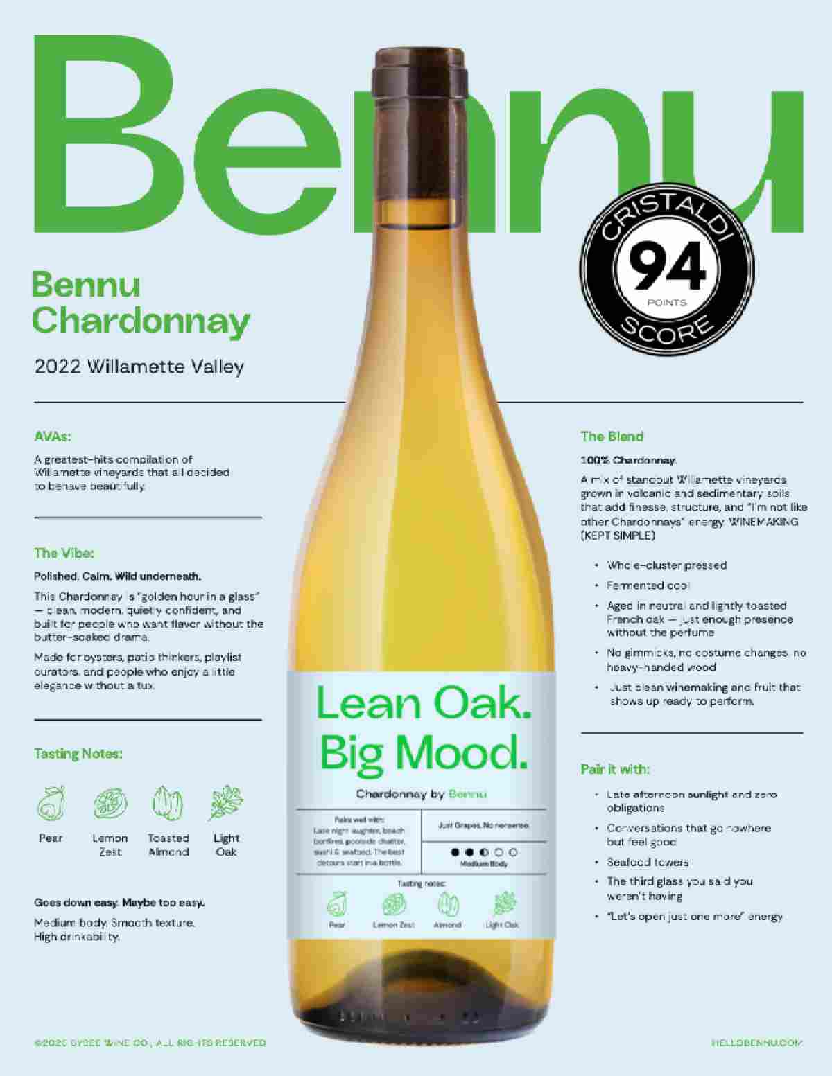 Bennu 2022 Chardonnay tech sheet