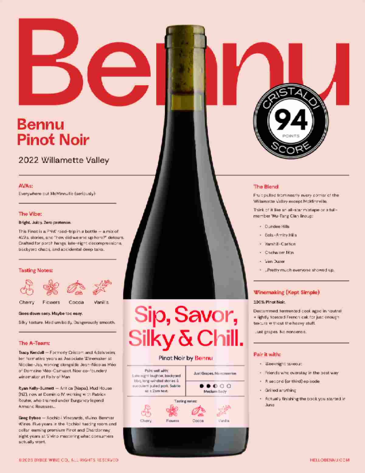Bennu 2022 Pinot Noir tech sheet